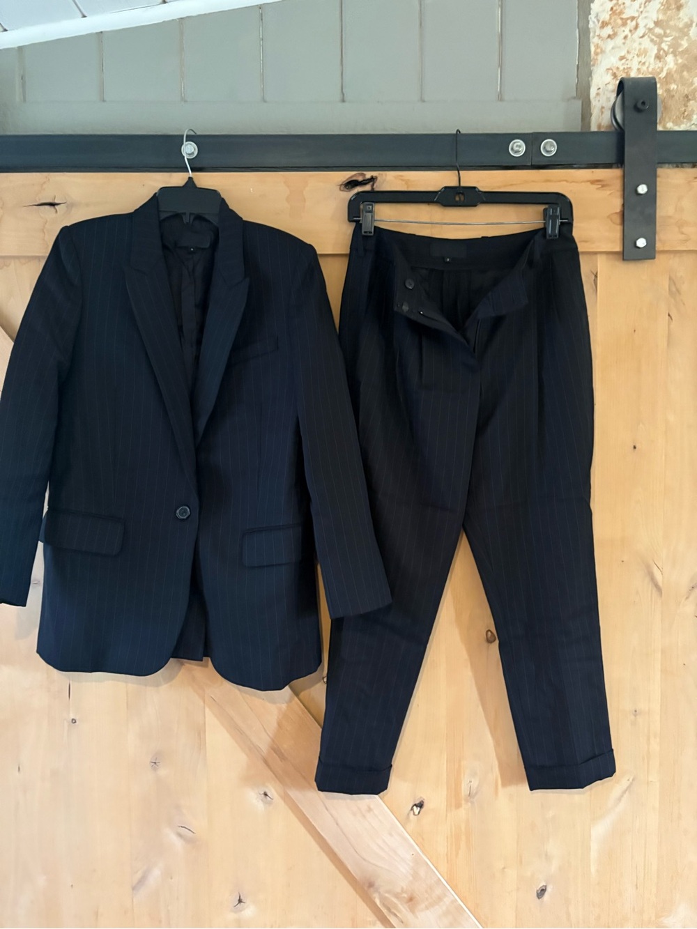 NILI LOTAN: Women’s Navy Pinstripe Suit Blazer (size 0) and Trousers (Size 2)